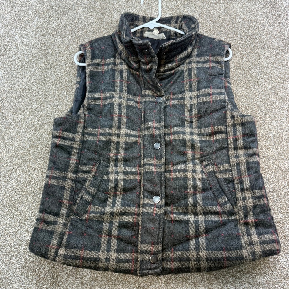 Vanilla Bay Womens L Gray Brown Plaid Quilted Vest Mock Neck Zip Snap Pockets